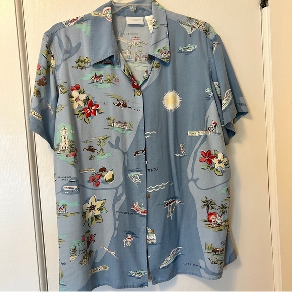 Vintage 90s Blouse Silk Button Front Florida Coast Tropics Floral Blue size 20W - Picture 3 of 16